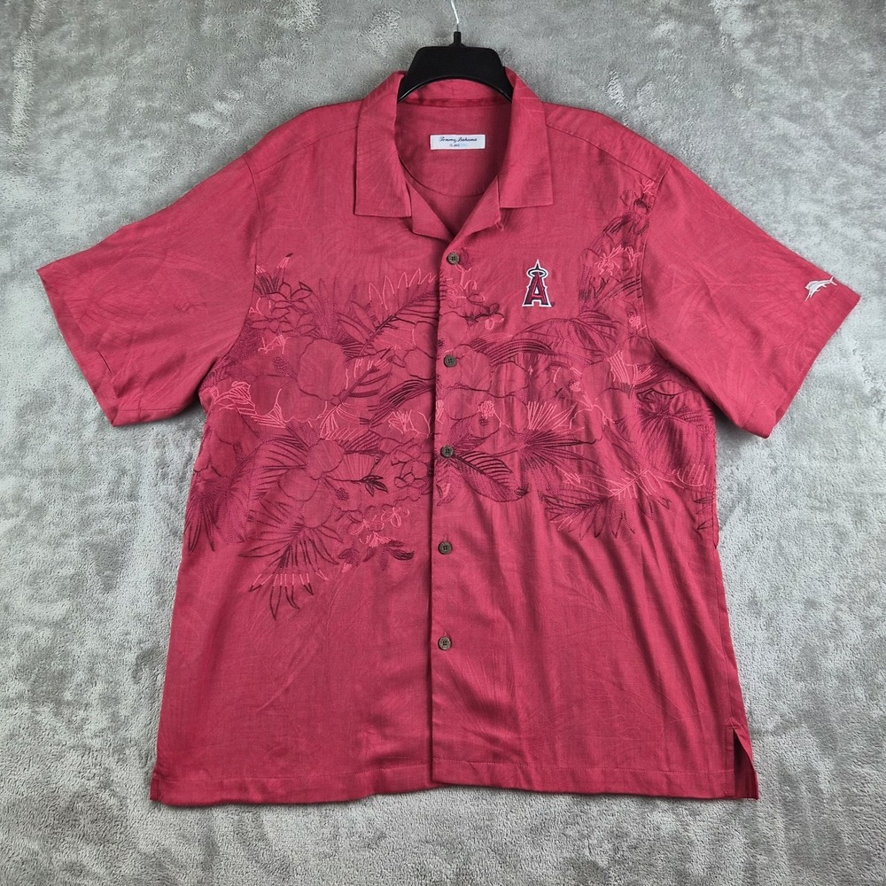 Tommy Bahama Island Zone Los Angeles Angels Camp Shirt Mens Red XL Loop Collar
